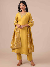 Yellow Suit In Mirror, Cutdana and Beads Work - House of Surya